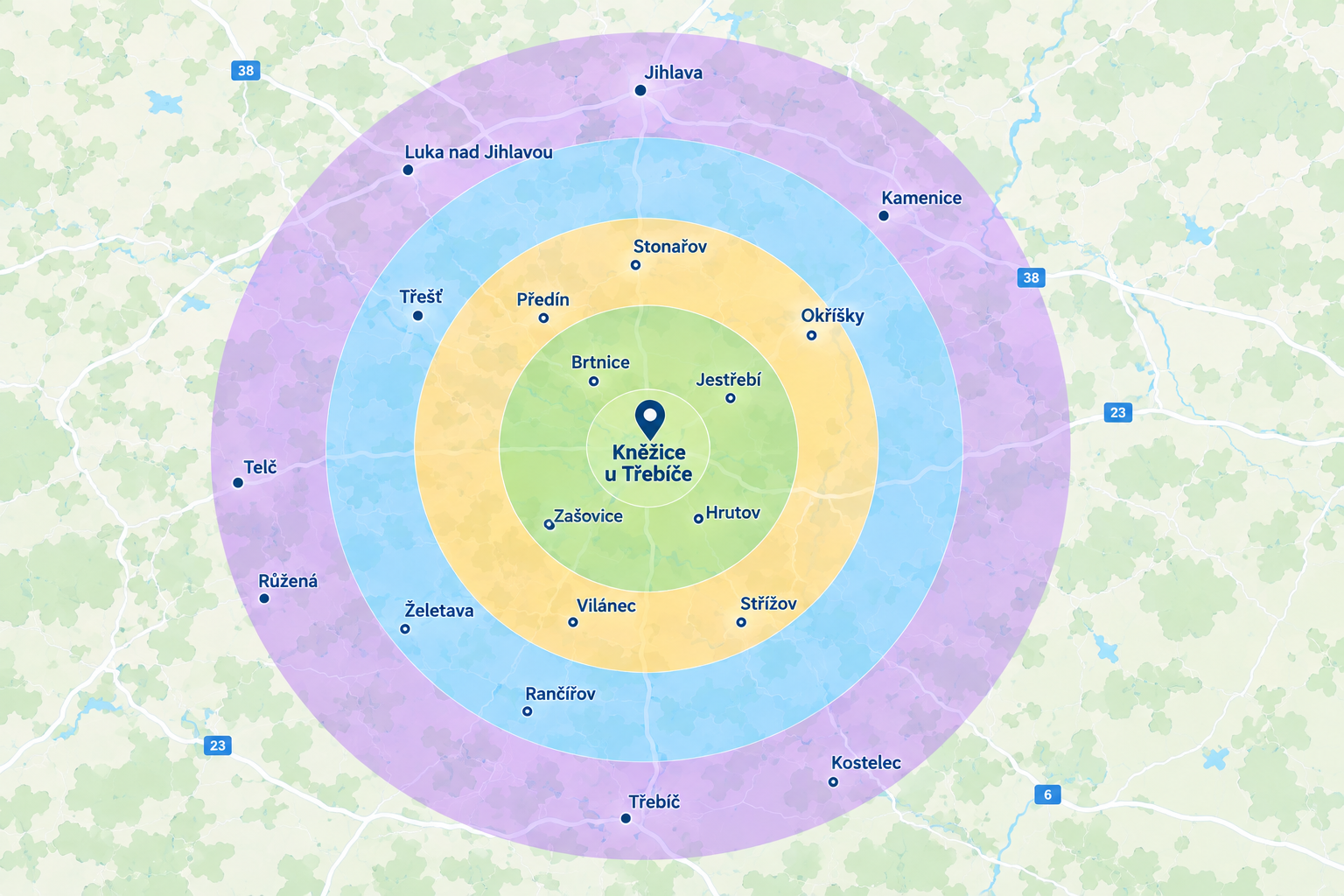 Schematická mapa dojezdové oblasti s centrem v Olomouci